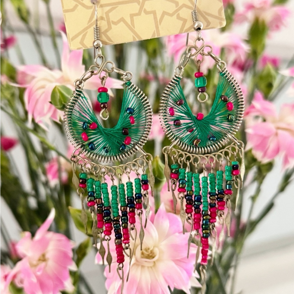 Colorful Silk Thread Long Beaded Metal Dangles Earrings